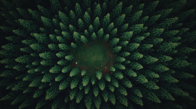 Aerial evergreen forest clearing with radial trees creating serene pattern