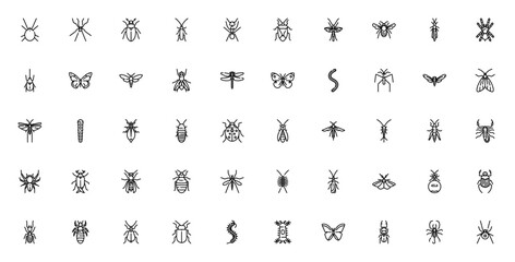 Insects icon set. Minimal thin line icons. Featuring mite, spider, beetle, cockroach, ant, bee, butterfly, dragonfly, grasshopper, scorpion, ladybug and more. Editable vector stroke. © wang