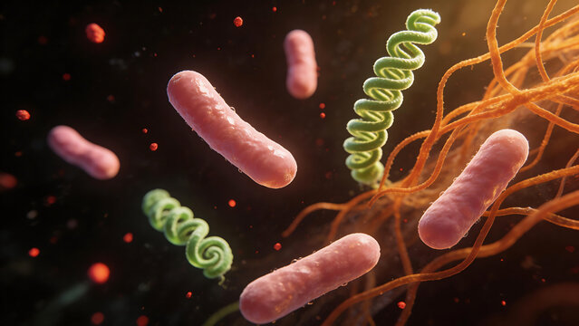 Microscopic view of bacteria and spores