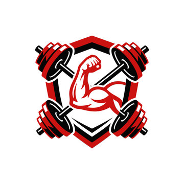 Gym logo with flexing bicep and crossed barbells.
