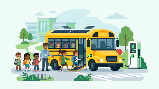 Illustration of children boarding a modern electric school bus with solar panels at a charging station near a school building.