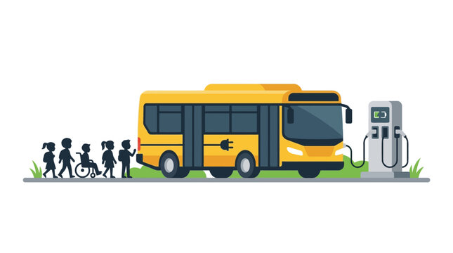 Yellow electric school bus charging at a station with children silhouettes including a student in a wheelchair for sustainable transportation concept