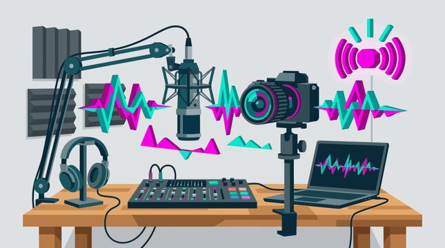 Modern professional podcasting and live streaming workstation setup with microphone camera and audio mixer illustration