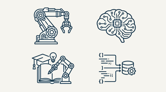 Set of four icons representing robotics, artificial intelligence, machine learning, and educational technology for modern digital learning and industrial automation.