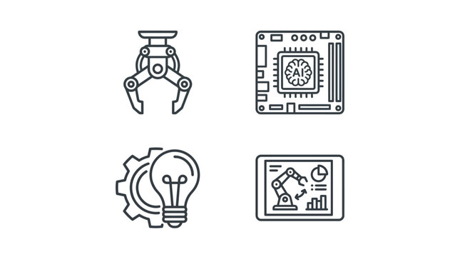 Set of Robotics and Artificial Intelligence Vector Icons Featuring Robotic Arm, AI Processor Chip, Innovation Gear with Lightbulb, and Digital Control Tablet Interface