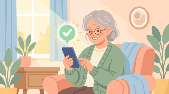 Elderly woman sitting comfortably in an armchair at home while successfully completing a digital transaction on her smartphone with a green checkmark.