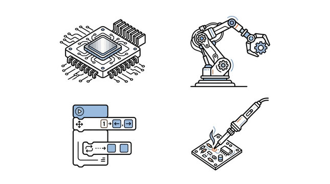 Set of robotics and coding icons featuring a microchip, robotic arm, visual programming blocks, and soldering iron for STEM education and technology concepts.
