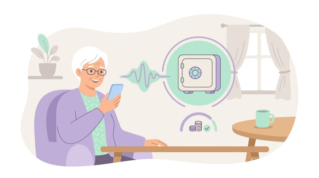 Senior woman using voice recognition on smartphone for secure mobile banking and financial management at home.