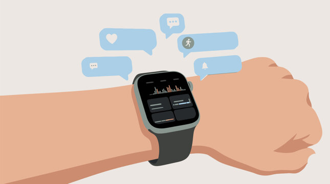 Modern smartwatch on a person's wrist showing health monitoring analytics and various digital notification icons for fitness and communication.