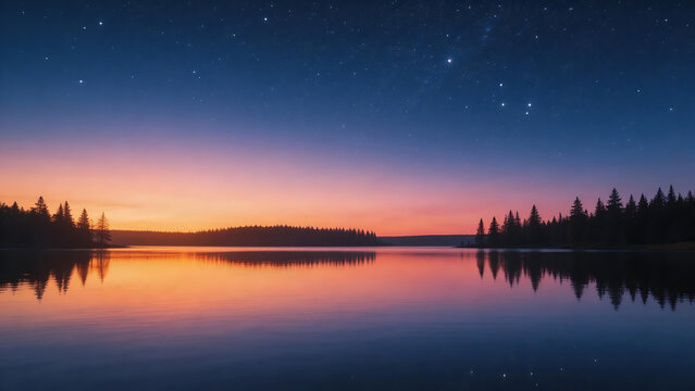Starry night sky over calm lake