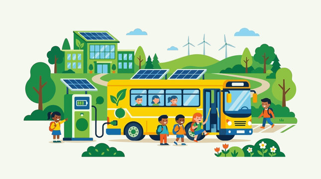 Yellow electric school bus charging at a solar station with children boarding in a green sustainable city environment