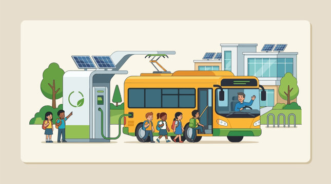 Modern yellow electric school bus charging at a solar powered station with diverse children boarding for a sustainable future