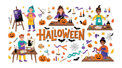 Fototapeta premium Halloween Fun and Crafts: A vibrant collection of children engaged in festive Halloween activities, including pumpkin carving, painting, and crafting.