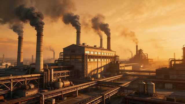 Industrial factory with smokestacks at sunset
