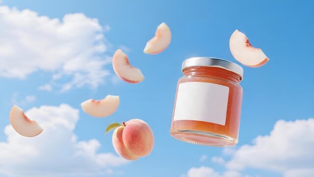 Glass jar of peach jam with flying peach slices against a blue sky background.