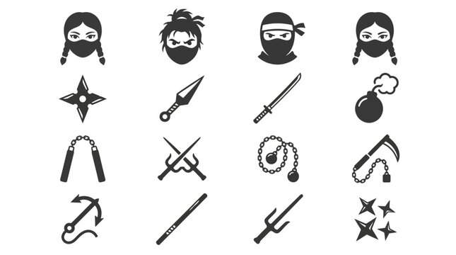 Ninja weapon and assassin avatar black silhouette icons set