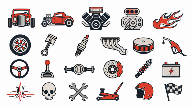 Vintage Car Engine and Automotive Parts Illustration.