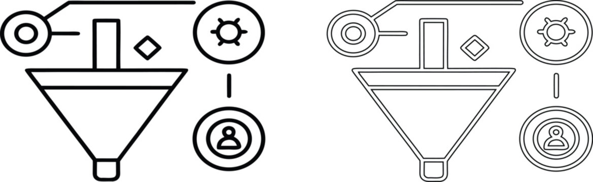 Sales funnel conversion process with user and gear symbols in solid black silhouette and thin outline
