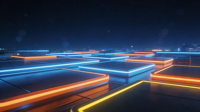 Neonlit geometric platforms at night