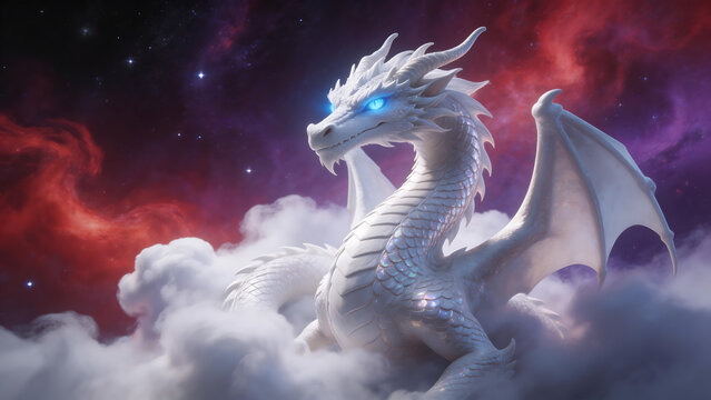 White dragon in clouds and space
