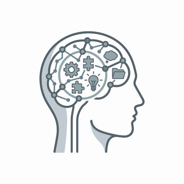 Human head profile with brain gears and puzzle.