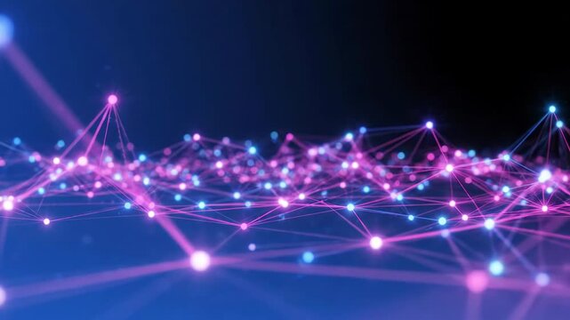 Abstract digital network connection background with glowing pink and blue nodes and lines