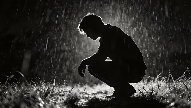 Silhouette of person crouching in rain