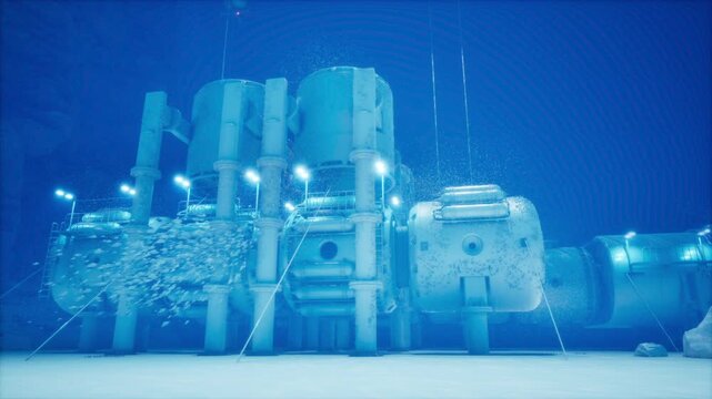 Futuristic Underwater Submarine Laboratory with Floating Particles and Bubbles