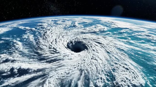 A massive hurricane swirls over the Earth's surface, showcasing a clear eye surrounded by dense clouds and a blue ocean