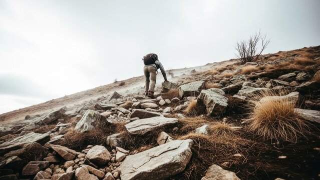 Solo hiker ascends rocky mountain trail on an overcast day