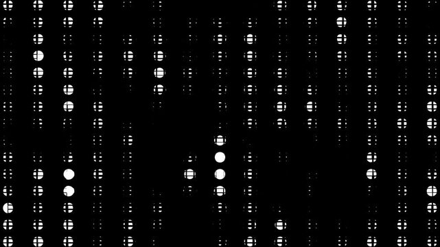 Blinking random dots forming of varying density animation on black background. Halftone dots and grid growing seamless loop. Digital dots moving loop with big data visualization cartoon comic.
