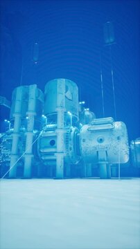 Futuristic Underwater Submarine Laboratory with Floating Particles and Bubbles
