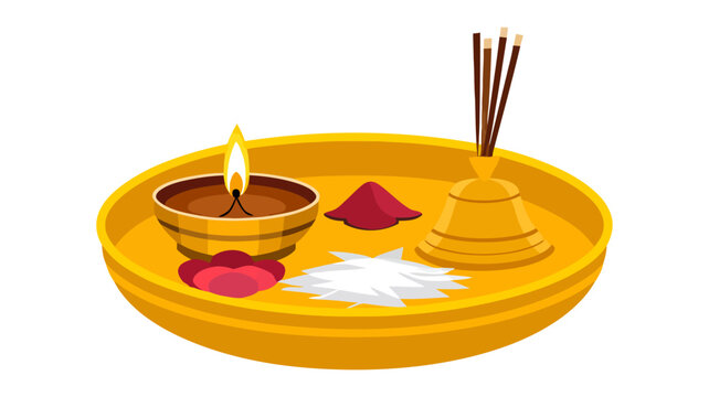 Hindu Puja Thali with Diya Incense Sticks Kumkum and Rice Flat Vector Illustration