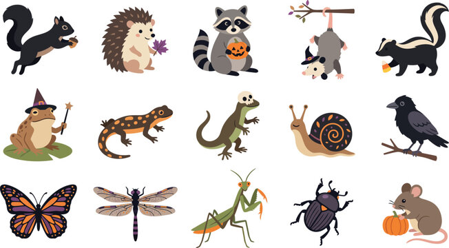 Colorful vector illustration set featuring cute forest animals and insects perfect for autumn season holidays and festive graphic design projects