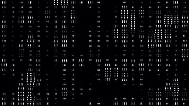 Blinking random dots forming of varying density animation on black background. Halftone dots and grid growing seamless loop. Digital dots moving loop with big data visualization cartoon comic.