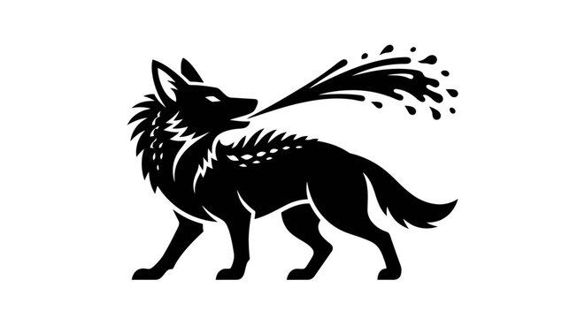 Black silhouette of a wolf spitting water.