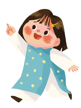 Illustration of a cute little girl wearing a blue ao dai (traditional Vietnamese dress).