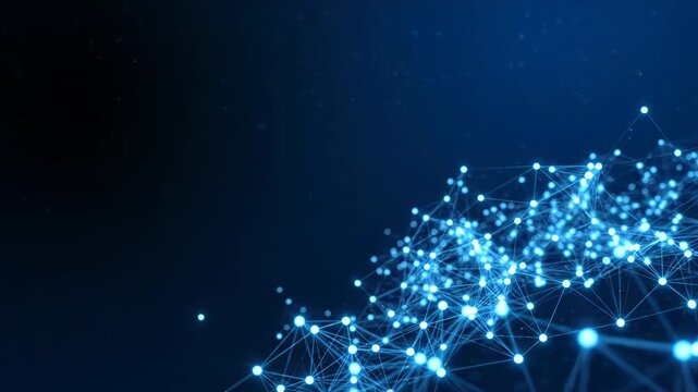 Close up of a glowing blue digital network mesh with interconnected nodes and lines in a dark environment