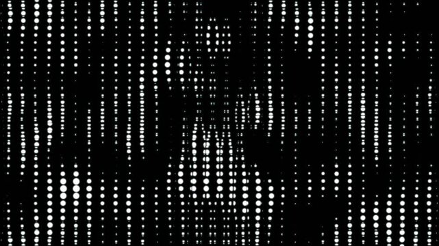 Blinking random dots forming of varying density animation on black background. Halftone dots and grid growing seamless loop. Digital dots moving loop with big data visualization cartoon comic.