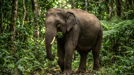 Fototapeta premium Majestic Asian elephant standing in a lush tropical rainforest, showcasing wildlife conservation, biodiversity, and natural habitat in Southeast Asia with vibrant green forest scenery.