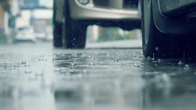 A car stopping through heavy rain on a wet road, captured in moody weather conditions. Concept of travel, solitude, rainy season, and atmospheric urban scenes