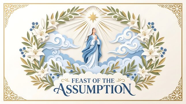 Assumption of mary religious card with floral wreath and rays of light on elegant cream background.