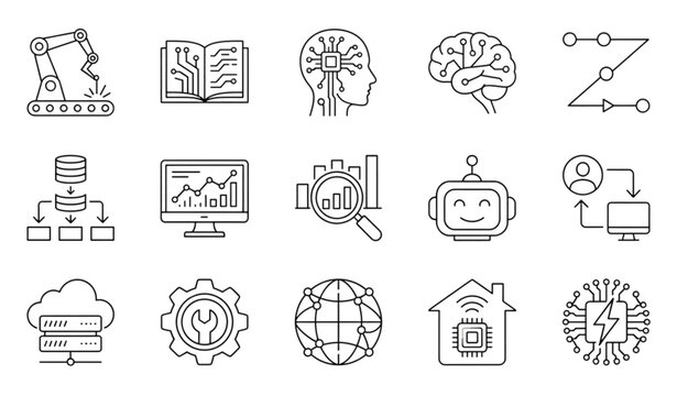Artificial intelligence and machine learning line icons set
