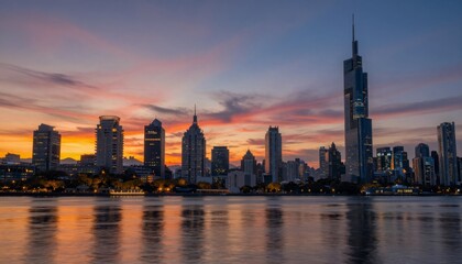 Fototapeta premium Nanjing Skyline at Sunset with Zifeng Tower Reflection