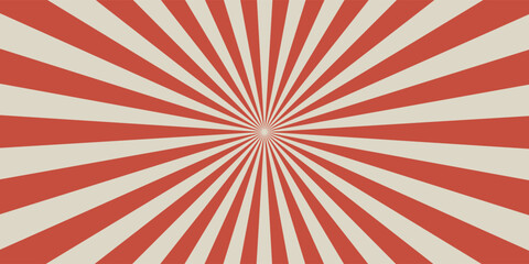 Retro red background with vintage circus sunburst. Psychedelic colorful swirl poster, abstract pattern in 70s carnival style. Hypnotic sunburst vector illustration. © Hosinah