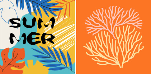 Summer tropical leaf and sea coral reef vector banner set © md