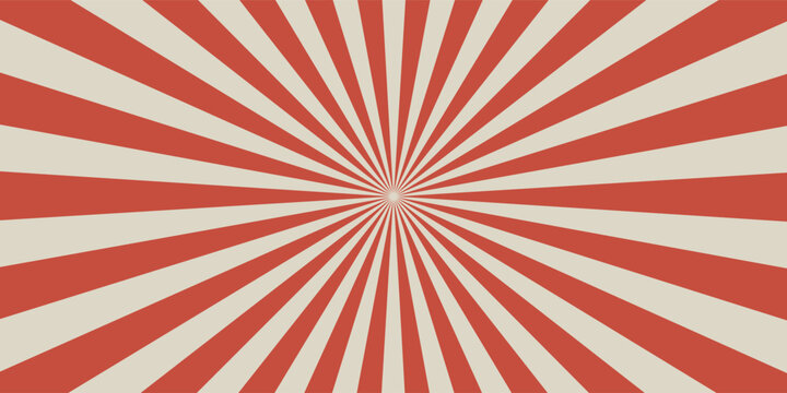 Retro red background with vintage circus sunburst. Psychedelic colorful swirl poster, abstract pattern in 70s carnival style. Hypnotic sunburst vector illustration.