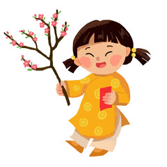 Illustration of a girl wearing an ao dai (traditional Vietnamese dress) holding a branch of apricot blossoms.