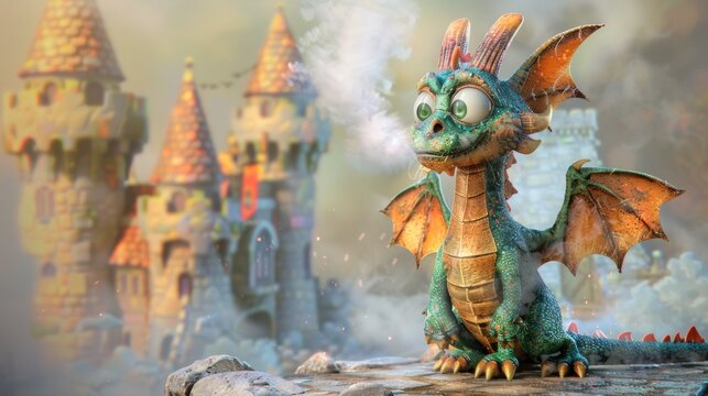 A cute, green dragon with large eyes sits on a stone ledge, blowing smoke and looking at a whimsical castle in the background.