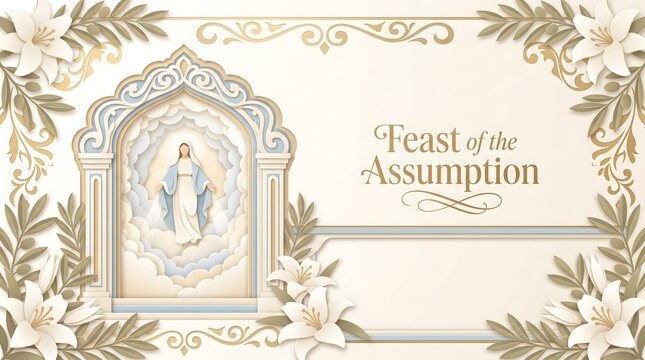 Architectural arch frame for assumption of mary holiday with paper cut style floral decorations.